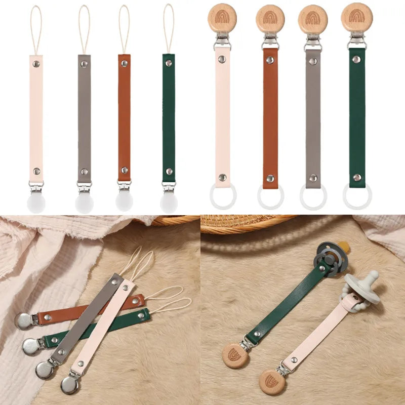 Leather Baby Pacifier Chain Rainbow Soother Pacifier Clips Chain Metal Dummy Clip Nipple Holder Clasps Baby Feeding Accessories