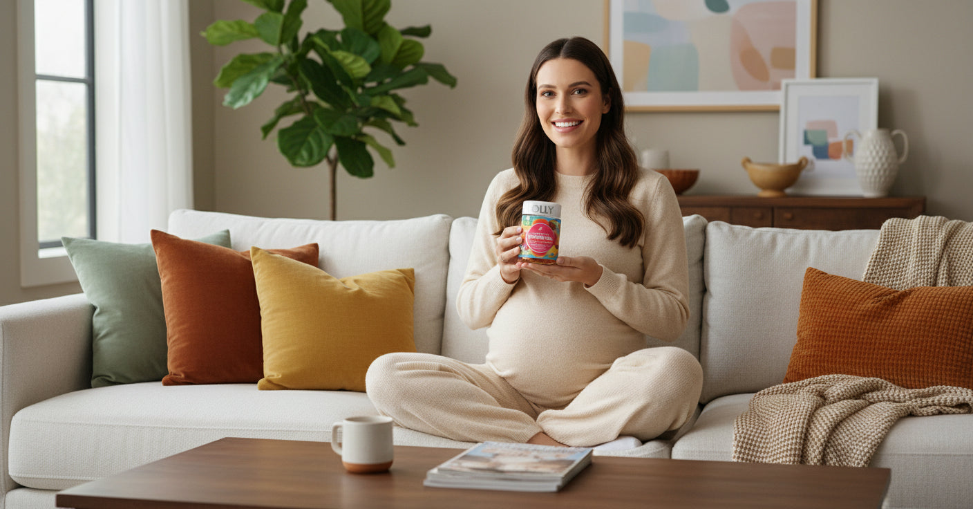 OLLY prenatal supplement container with colorful design on a white background