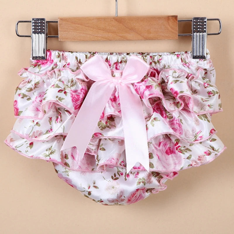 Baby Shorts Baby Clothing Floral Silk Bow Satin Shorts Ruffle Diaper Cover Bloomer Baby Girls Satin Panties Bloomers